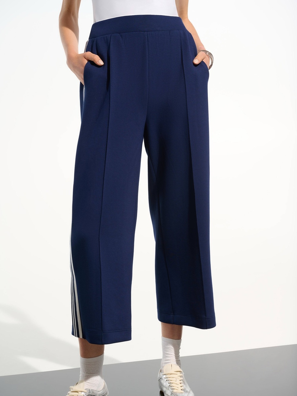 Joseph Ribkoff- 261618 Wide-Leg Navy Track Pants with Side Stripe